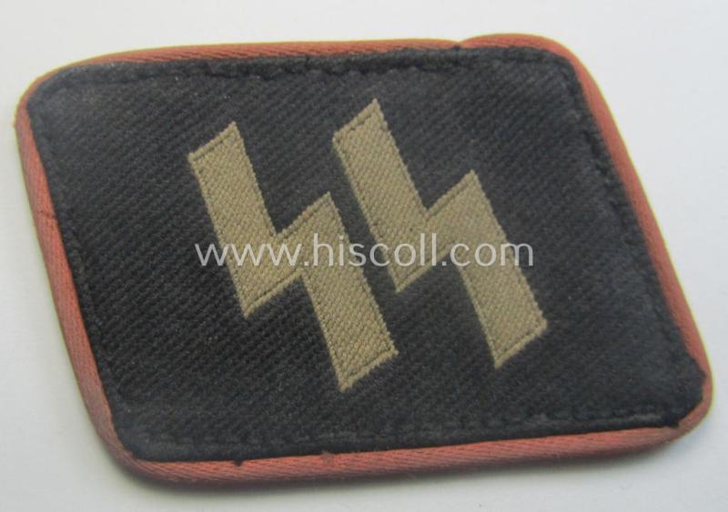 Waffen-SS - so-called: 'BeVo'-woven, enlisted-mens'- (ie. NCO-) type so-called: 'runes'-collar-tab being a neatly pink-piped example as was intended for usage by the soldiers (ie. NCOs) of the Waffen-SS Panzer-troops throughout the war