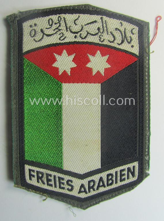 'BeVo'-type, volunteeer armshield entitled: 'Freies Arabien' being intended for usage by a volunteer who served within the 'Deutsche Wehrmacht' (being a truly used- and/or carefully tunic-removed example)