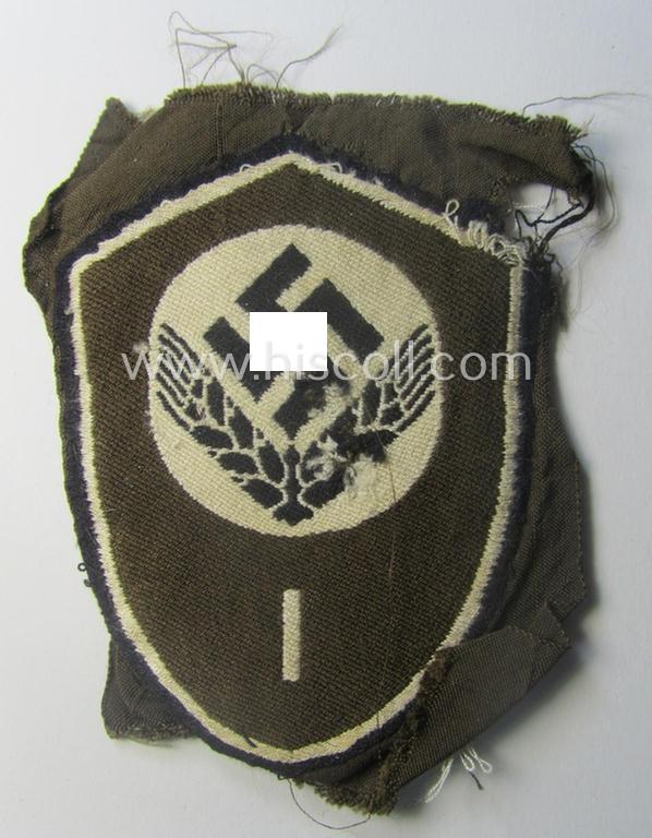 Female-related, enlisted- (ie. NCO-) pattern-, so-called: 'RADwJ'-sleeve-badge (ie. 'Abzeichen des Reichsarbeitsdienst der weiblichen Jugend') being a clearly worn example as executed in the neat 'BeVo'-weave-pattern