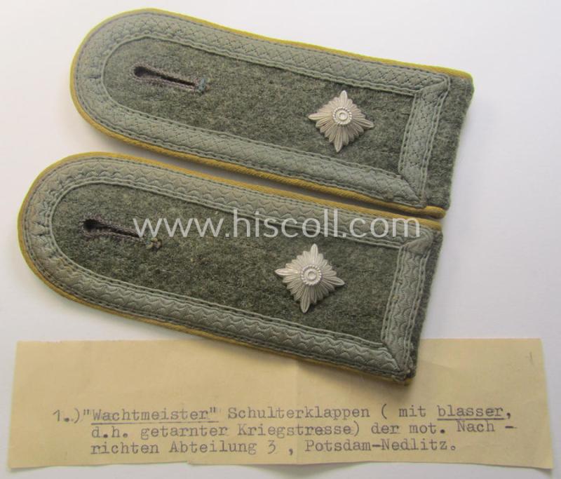 Pair of typical later-war-period- (ie. so-called: 'M44'-pattern) WH (Heeres) NCO-type shoulderstraps: 'Wachtmeister o. Feldwebel des Nachrichten-Abtlgs. (mot) 3'