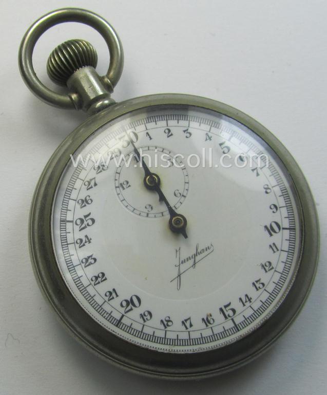 WWII-period- (ie. 'Deutsche Wehrmacht'-related-) pocket-chronograph (ie. 'Dienstchronograph') of the make: 'Junghans', having a white-coloured dial-plate and that comes in a moderately used but still functional, condition