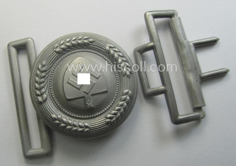 Officers'-pattern, aluminium-based belt-buckle being a clearly marker- (ie. 'A'-) marked and '1937'-dated example as was specifically intended for commissioned-staff serving within the: 'RAD' (or: 'Reichsarbeitsdienst')