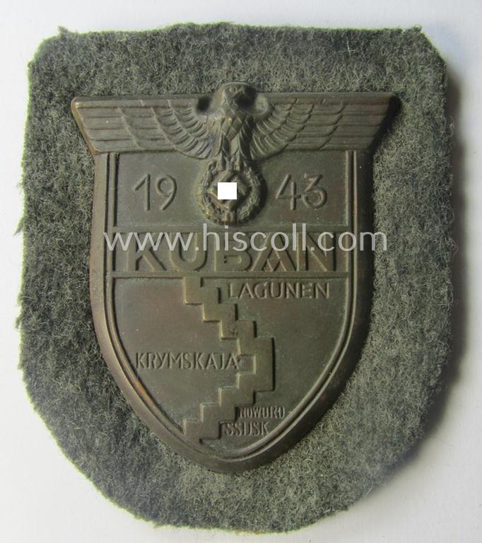 WH (Heeres ie. Waffen-SS) 'Kuban'-campaign-shield that comes mounted onto its original field-grey-coloured- and/or woolen-based 'backing'