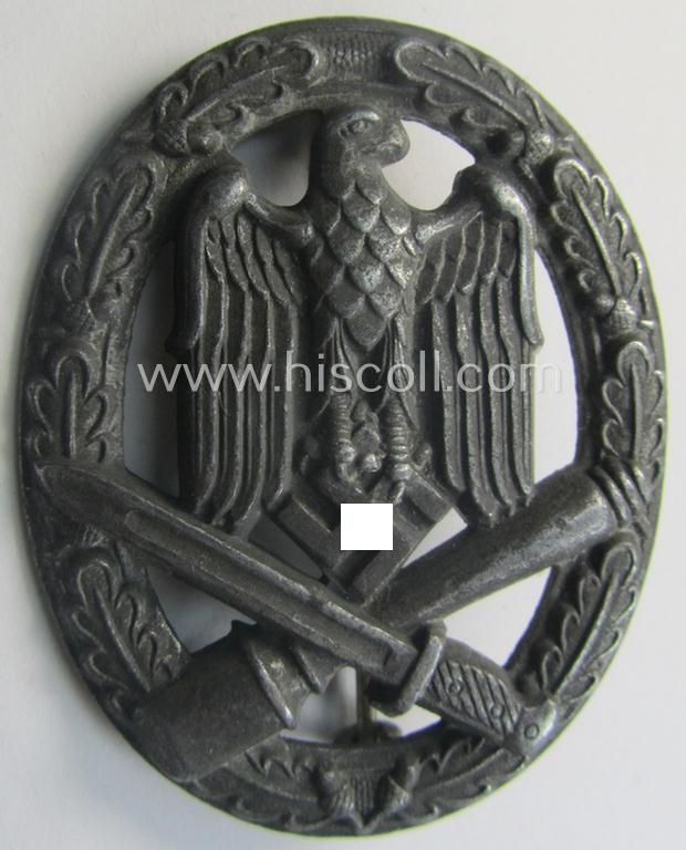 'Allgemeines Sturmabzeichen' (or: General Assault Badge ie. GAB) being a typical unmarked, zinc- (ie. 'Feinzink'-) based so-called: 'flat-back'-pattern by a (by me) unidentified maker