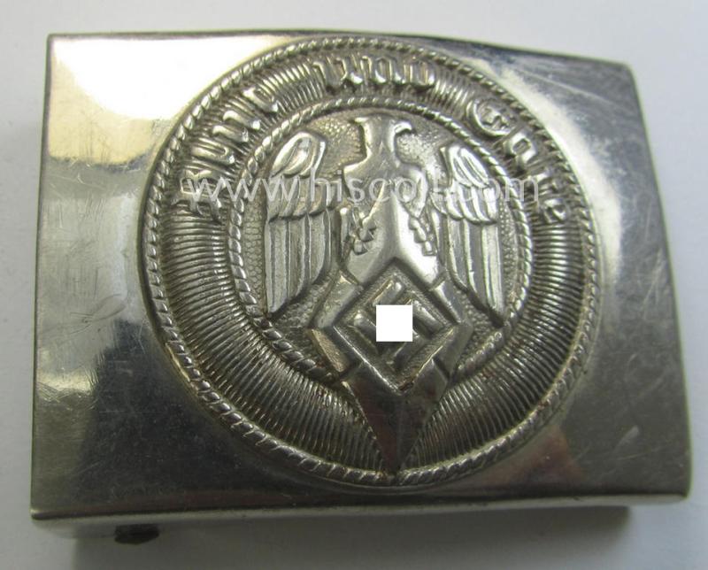 HJ (ie. 'Hitlerjugend') nickle-chrome-based belt-buckle being a neatly maker (ie. 'RzM M4/28'-) marked specimen