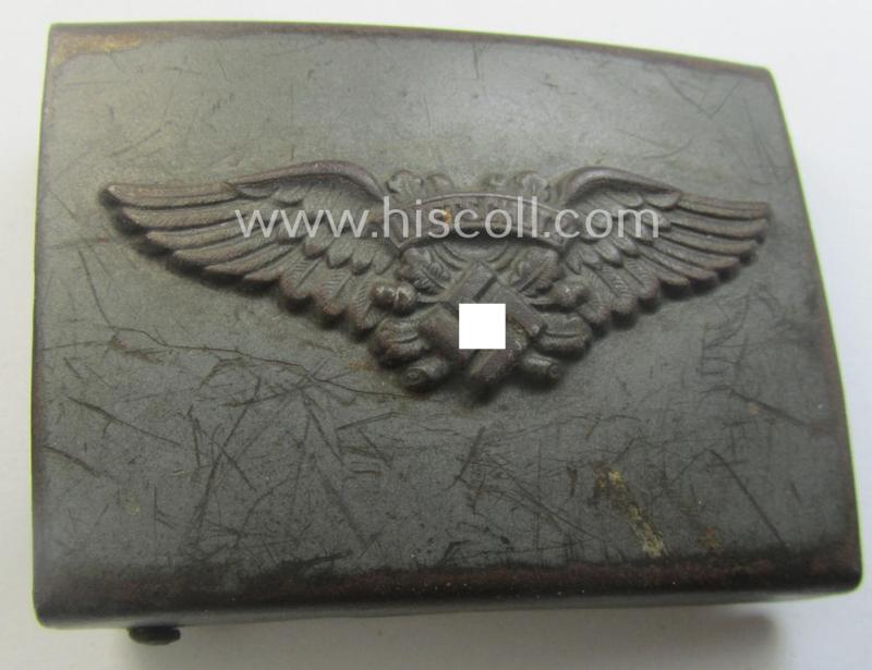 RLB (ie. 'Reichsluftschutz-Bund'), steel-based EM- (ie. NCO-) type belt-buckle (of the third- and final pattern) being a maker- (ie. 'GB'-) marked example that comes in a moderately used- ie. worn, condition
