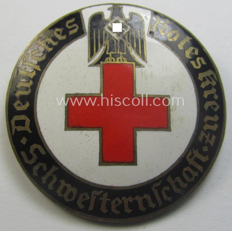 DRK (ie. 'Deutsches Rotes Kreuz') so-called: nurses'-badge entitled: 'Schwesternschaft' being a desirable, larger-sized version showing an engraved bearers'-number: ('734') and towns'- ie. hospital-name: ('Dresden')