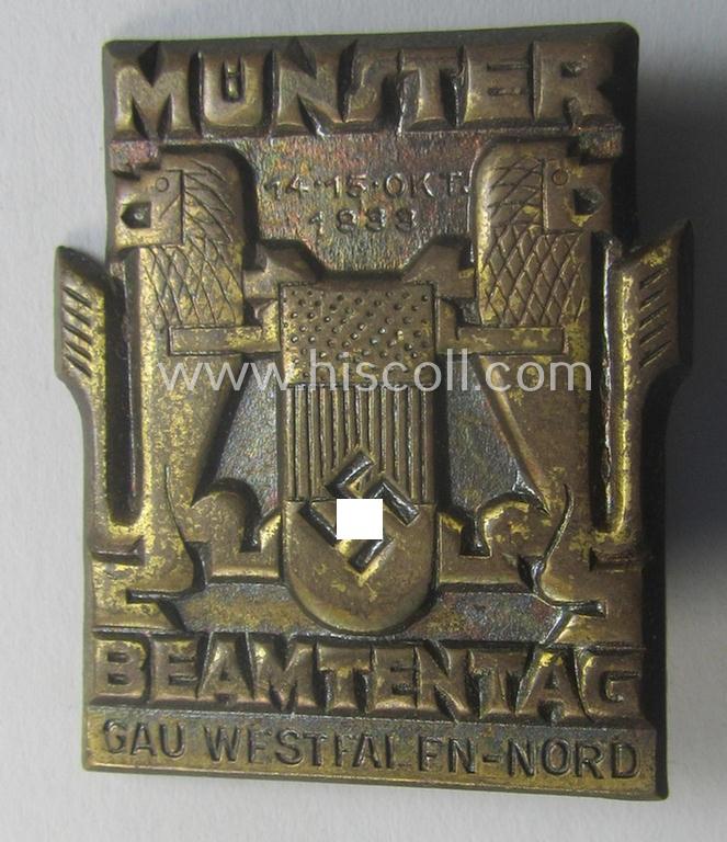 DAF- (ie. 'Deutsches Arbeitsfront') ie. N.S.B.O.- (ie.: 'National-Sozialistischer Betriebszellen-Organisation'-) related day-badge (ie. 'tinnie'), as was issued to commemorate the: 'Beamtentag Münster - Gau Westfalen-Nord - 14.15 Oktober 1938'