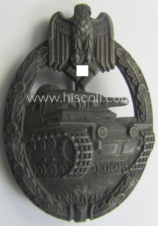 'Panzerkampfabz. in Bronze' (or: bronze-class panzer assault-badge or PAB) being a zinc- (ie. 'Feinzink'-) version (having a so-called: 'horizontal'-catch-set-up) as was (presumably) procuced by the: 'Fritz Zimmermann'-company