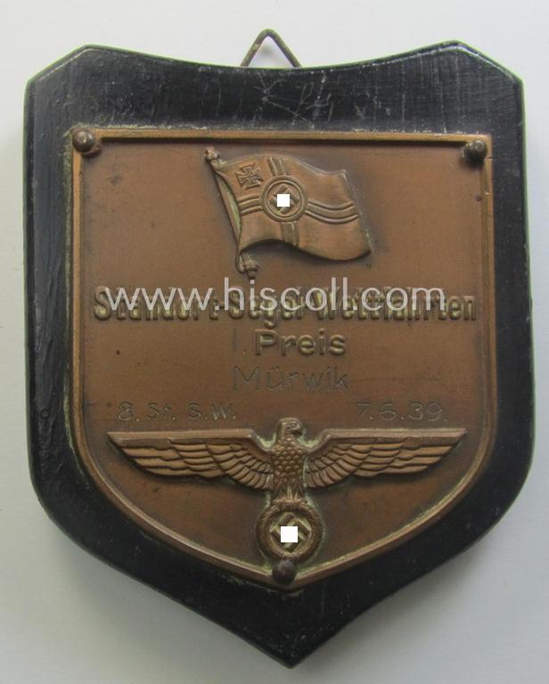 Golden-bronze-toned, so-called: 'nichttragbarer Ehrenpreis' (ie. commemorative-plaque) showing the text: 'Standort-Segel-Wettfahrten 1. Preis' and engraving: 'Mürwik - 8.St.S.W. - 7.6.1939'