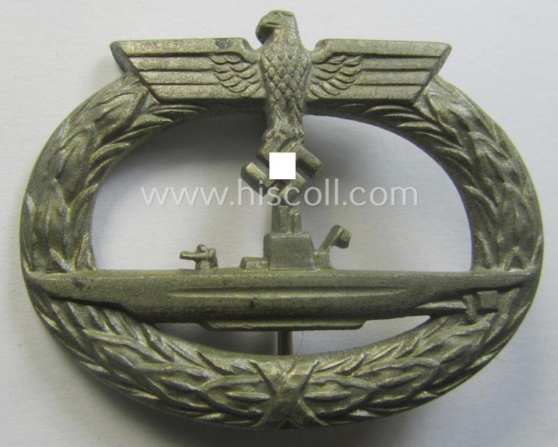 Later-war-period, WH (Kriegsmarine), typical zinc- (ie. 'Feinzink'-) based, so-called: 'U-Bootkriegsabzeichen' (or: U-boat war-badge) being a clearly maker- (ie. 'GWL'-) marked example as was produced by the: 'Gebrüder Wegerhoff'-company