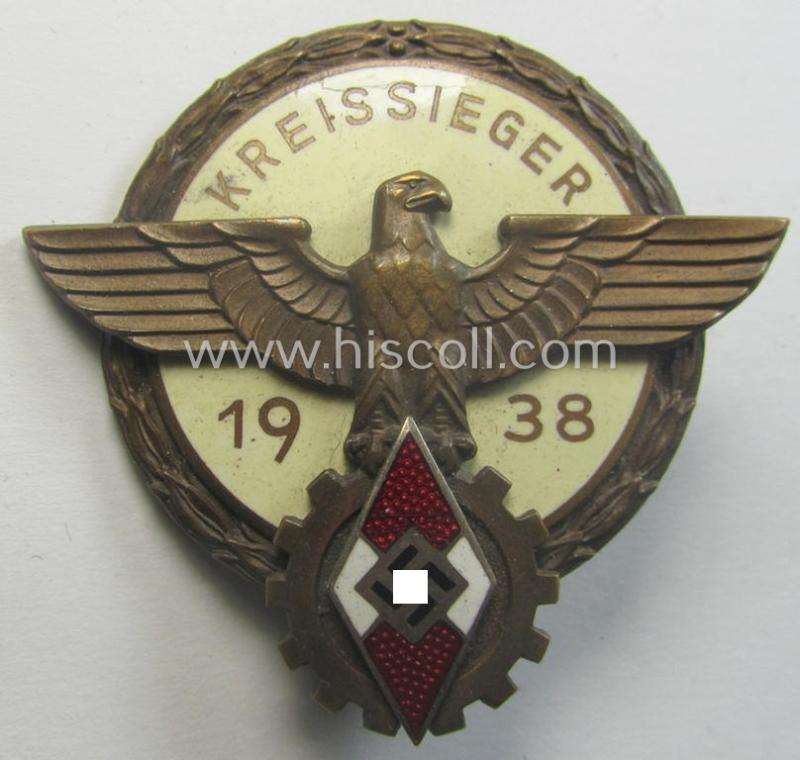 'HJ'- ('Hitlerjugend') ie. 'BDM'- ('Bund Deutscher Mädel') related: 'Reichsberufswettkampf-Siegerabzeichen': 'Kreissieger 1938' marked: 'G. Brehmer'