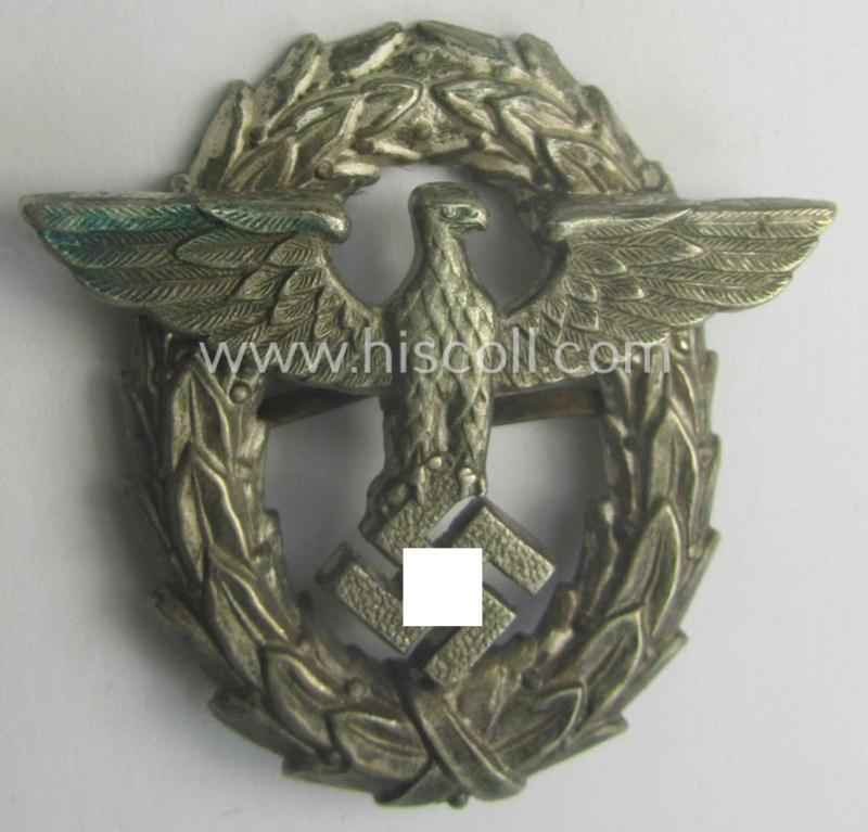 Early-period- and tarnished silvered ie. 'Buntmetall'-based! - 'Polizei'- (ie. police) visor-cap eagle being a silver-coloured- and typical non-maker-marked example as was intended for usage on the various 'Polizei' (ie. police) visor-caps