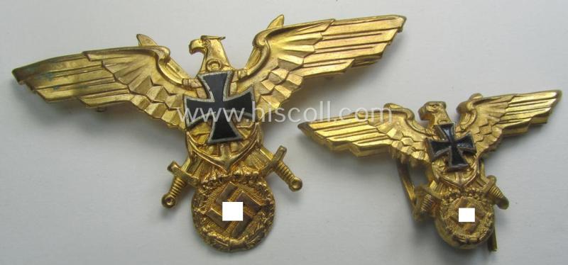 Interesting - and actually only once before seen! - 2-pieced 'N.S.R.K.B.'- (ie. 'Nationalsocialistischer Reichskriegerbund'-) related (naval) grouping comprising of two, bright-golden-toned: 'N.S.R.K.B.'-eagle-devices