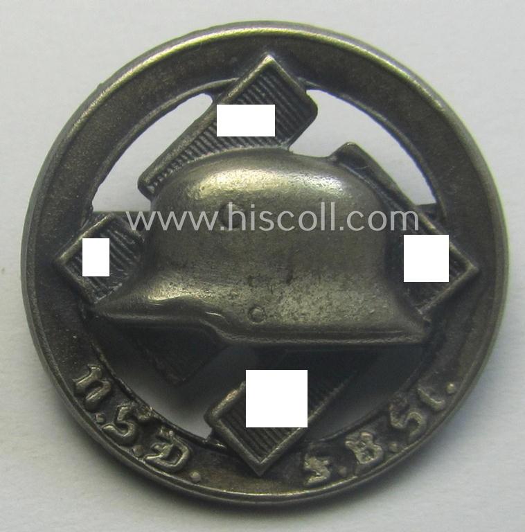 Membership lapel-pin: 'Nationalsozialistischer Deutscher Frontkämpferbund Stahlhelm' (or: 'N.S.D.F.B.St.') being a very detailed- and/or: maker- (ie. 'E.V.' - 'Ges.Gesch'-) marked example that is executed in silver-toned 'Buntmetall'