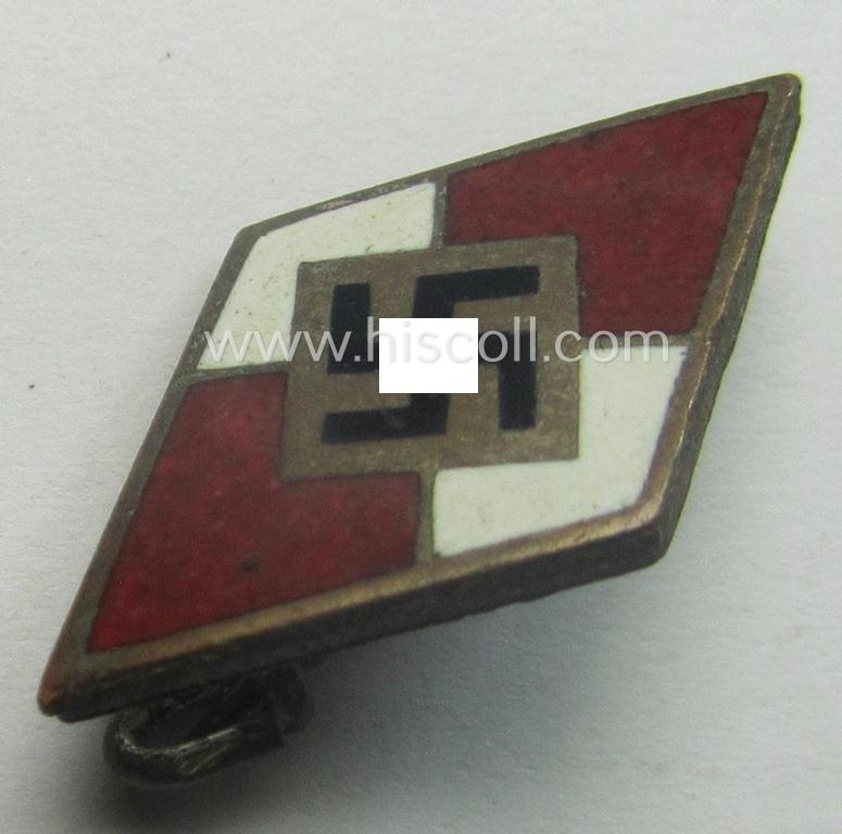 HJ (ie. 'Hitlerjugend') enamelled lapel-pin (ie.: 'Raute') being a darker-red-coloured- (ie. 'opal'-styled) - and non-cleaned and untouched! - example showing an: 'RzM - M1/105'-makers'-designation