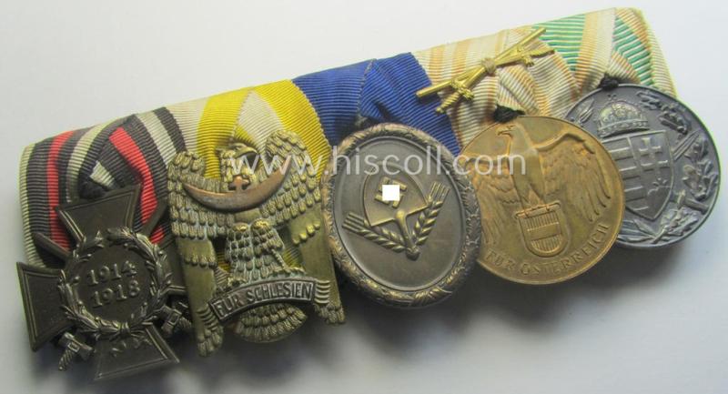 5-pieced, WWI-period- (ie. RAD-related!) medal-bar (ie.: 'Ordenspange') showing amongst others a: 'Schlesisches Bewährungsabzeichen der II. Kl.' (or: 'Schlesischer Adler 2. Stf.')