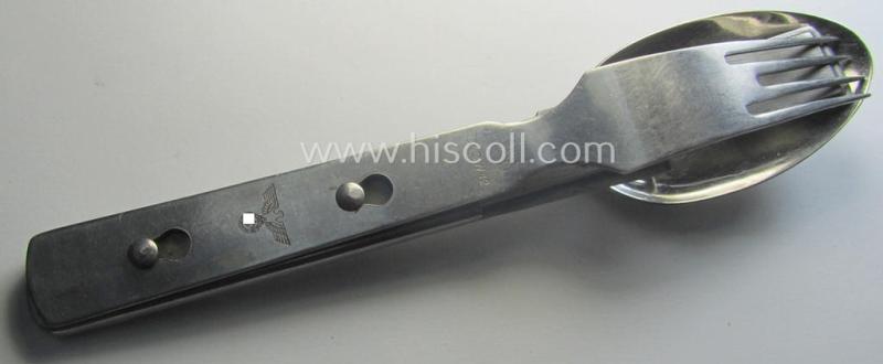 WH soldiers'-type, 4-pieced and/or steel-based eating-utensils-set (ie. so-called: 'Göffel') being a nicely maker- (ie. 'C.& C.W.'-) marked and/or: '1941'- (ie. '1942'-) dated example that shows a stamped eagle- ie. swastika-device