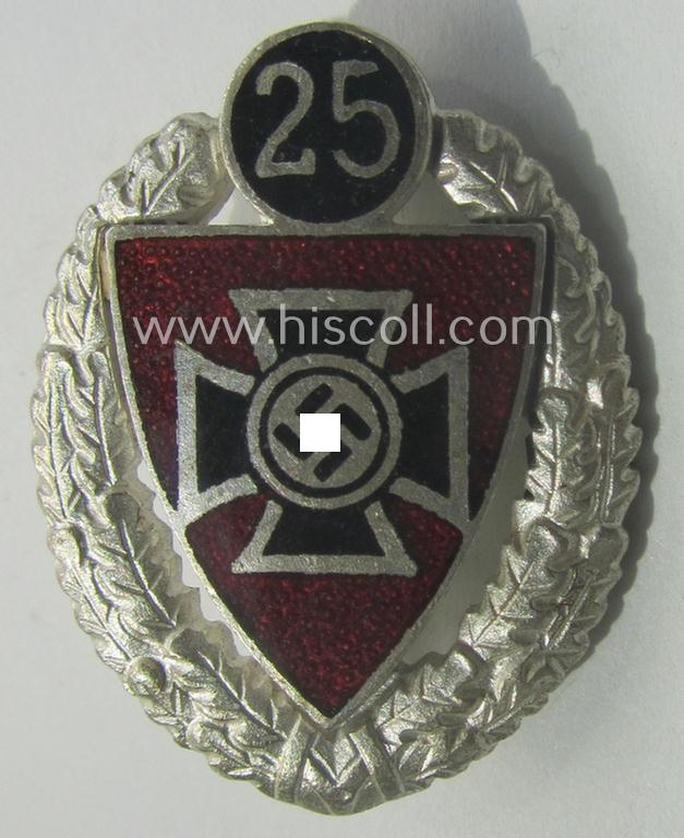 Honorary-membership-lapel-pin (aka: 'Silberne Ehrennadel für 25 Jahre Mitgliedschaft im Nationalsocialistischer Reichskriegerbund' (ie. 'N.S.R.K.B.') being a maker- (ie. '6'-) marked example that also bears a: 'Ges.Gesch.'-designation
