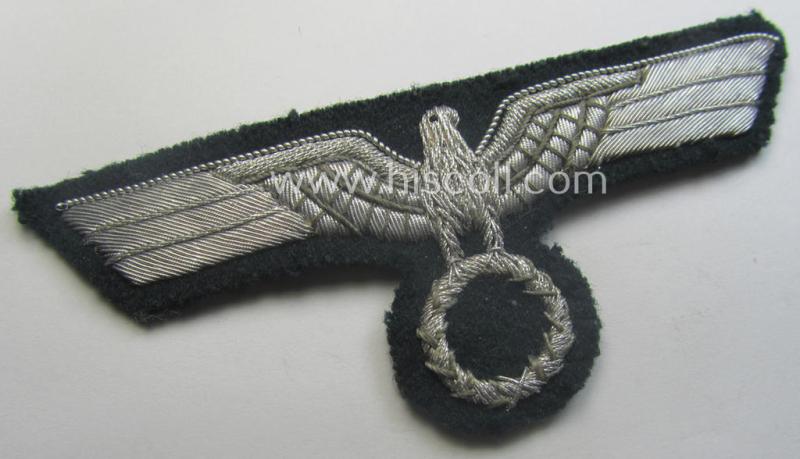 Period-denazified, WH (Heeres) officers'-type, hand-embroidered breast-eagle (ie. 'Brustadler für Offiziere') as was executed in bright-silverish-coloured braid as was intended for usage on the various officers'-pattern tunics