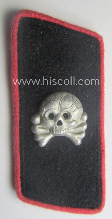 Early- (ie. mid-) war-period - albeit regrettably single! - WH (Heeres) black-coloured, woolen-based- and/or bright-pink-piped: 'Panzer'-collar-tab having an aluminium based 'Totenkopf' (ie. skull) attached