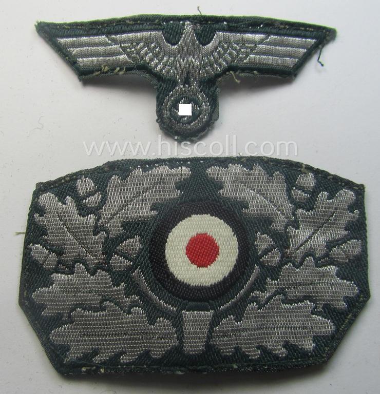 WH (Heeres) officers'-type cap-eagle and dito cocarde (both executed in so-called: 'flat-wire'- ie. 'BeVo'-weave pattern) as was specifically intended for usage on the: WH 'Knautschmützen' ie. 'Alter-art'-visor-caps (ie. 'Schirmmützen')