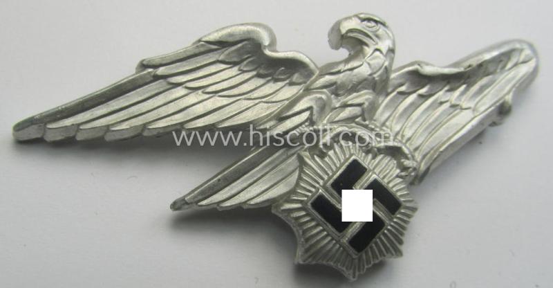 Officers'- (ie. evt. NCO-) pattern, aluminium-based so-called: 'Luftschutz' (ie. RLB-) visor-cap eagle being a maker- (ie. 'HA'-) marked example as was produced by the 'H. Aurich'-company