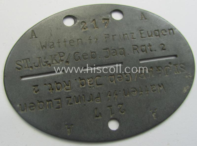 'Waffen-SS'- (ie. 'SS-Kavallerie o. Gebirgsjäger'-) related ID-disc: 'Waffen-SS Prinz Eugen - St.Jg.Kp./Geb.Jäg.Rgt. 2'