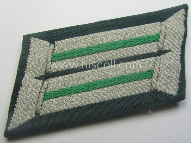 WH (Heeres) pair of (later-war-pattern) officers'-type collar-tabs (ie. 'Kragenspiegel für Offiziere') as executed in 'BeVo'-weave pattern as was intended for an officer serving within the: 'Jäger- o. Gebirgsjäger-Trpn.'