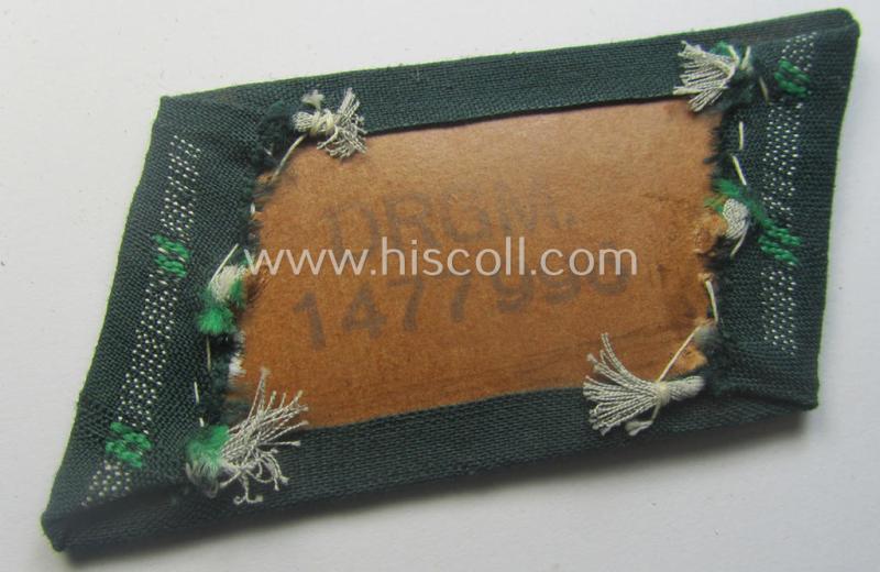 WH (Heeres) pair of (later-war-pattern) officers'-type collar-tabs (ie. 'Kragenspiegel für Offiziere') as executed in 'BeVo'-weave pattern as was intended for an officer serving within the: 'Jäger- o. Gebirgsjäger-Trpn.'