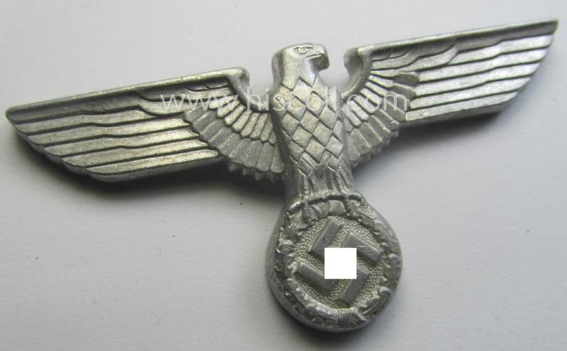 Bright-silver-coloured- and/or: aluminium-based (political-style) visor- (ie. 'Schirmmützen'-) cap-eagle being a detailed example that is neatly: 'RzM' and/or: 'M1/44' marked