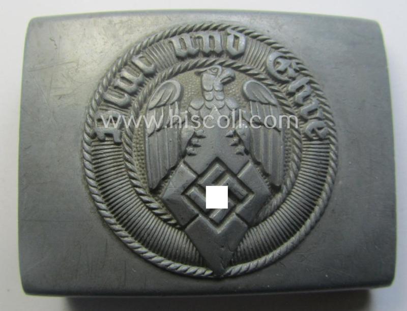 HJ (ie. 'Hitlerjugend') zinc- (ie. 'Feinzink'-) based- (and/or unusually 'molded'-pattern!) belt-buckle being a maker- (ie. 'RzM M4/38'-) marked example