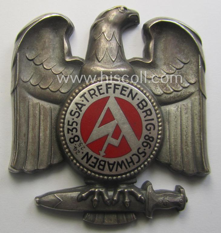 Luxuriously-styled and partly enamelled SA- (ie. 'Sturmabteilungen'-) related commemorative-plaque (ie. 'Erinnerungs- o. nichttragbare Plakette') entitled: 'S.A. Treffen - Brig. 86 - Schwaben - 24.-25.8.1935'