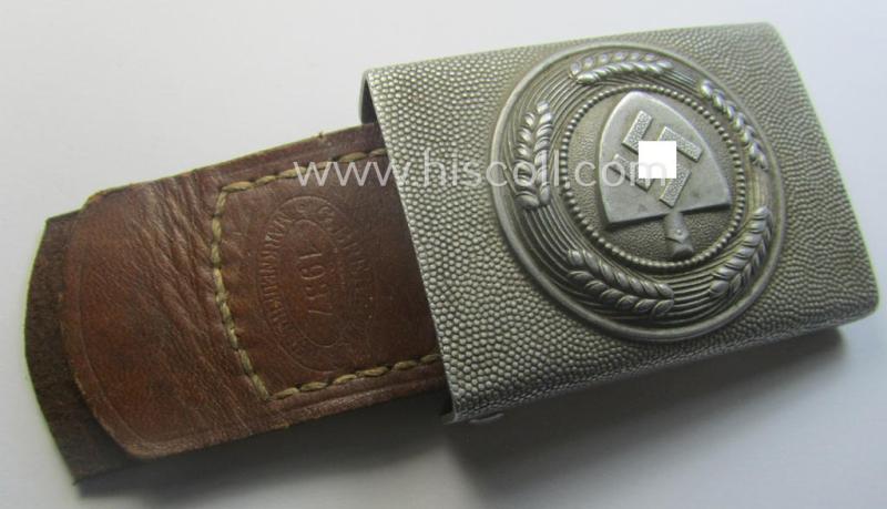 'Reichsarbeitsdienst'- (ie. RAD-) enlisted-mens'- (ie. NCO-) type belt-buckle being a maker- (ie. 'G. Brehmer-) marked example which is dated: '1937' and that comes mounted onto its leather-based (and period-shortened) tab