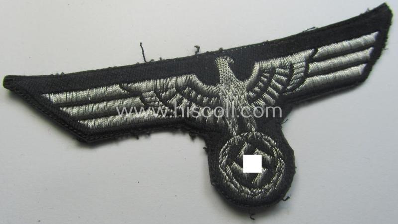 Truly used- and carefully tunic-removed, WH (Heeres) early- (ie. pre-) war-period 'Panzer'-officers-type breast-eagle of the so-called: 'M35'- (ie.'M36'-) pattern as was executed in the 'BeVo'-flat-wire-woven pattern