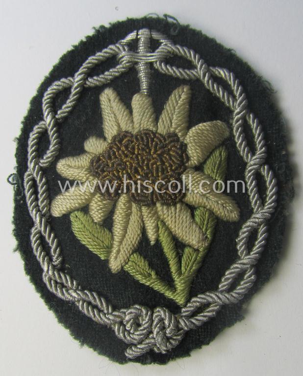 WH (Heeres) neatly hand-embroidered- and/or typical officers'- (ie. 'variant'-) pattern so-called: 'Edelweiss'-arm-badge (as specifically intended for usage by an officer serving within the 'Geb.-Jäger-Trpn.'