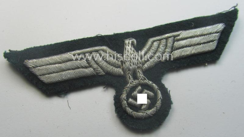 WH (Heeres) officers'-type, hand-embroidered breast-eagle (ie. 'Brustadler für Offiziere') as was executed in bright-silverish-coloured braid as was intended for usage on the various officers'-pattern tunics
