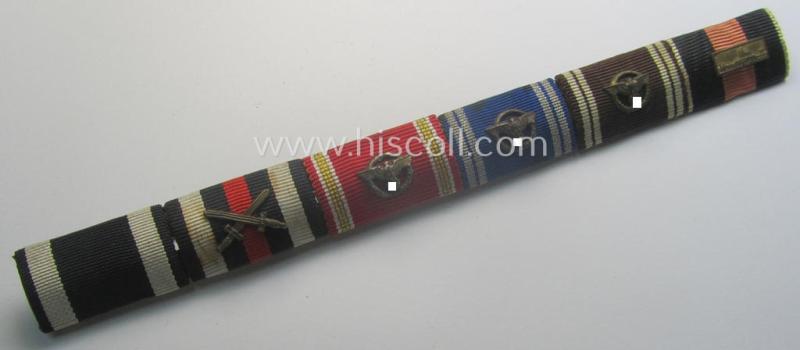 6-pieced WWI- (ie. WWII-) period ribbon-bar (ie. 'Feld- o. Bandspange') showing repsp. an: 'EKII. Kl.', a: 'FKK m. S.', three N.S.D.A.P.-'Dienstauszeichnungen' (with 'Auflagen') and a: Czech 'Anschluss'-medal with 'PB-Spange'-miniature