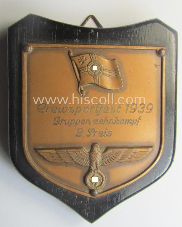 Golden-bronze-toned, so-called: 'nichttragbarer Ehrenpreis' (ie. commemorative-plaque) showing the text: 'Crewsportfest 1939 - Gruppenzehnkampf - 2. Preis'
