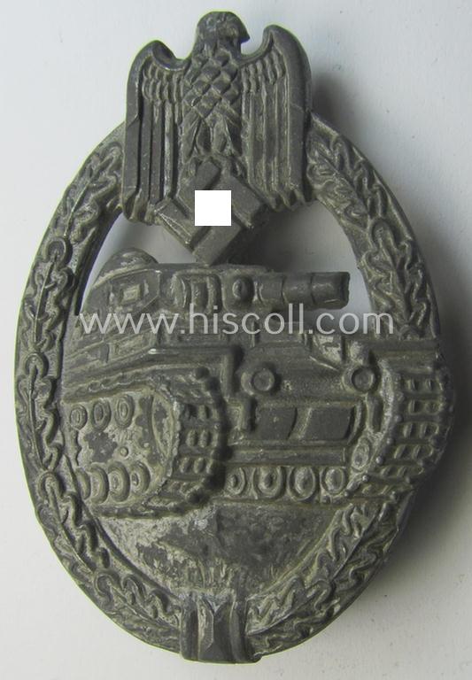 'Panzerkampfabzeichen in Silber', being a maker- (ie. 'RS'-) marked version as executed in zinc- (ie. 'Feinzink'-) being a so-called: 'Broad Maker Mark - Broad Pin'-variant as was produced by the: 'Rudolf Souval'-company