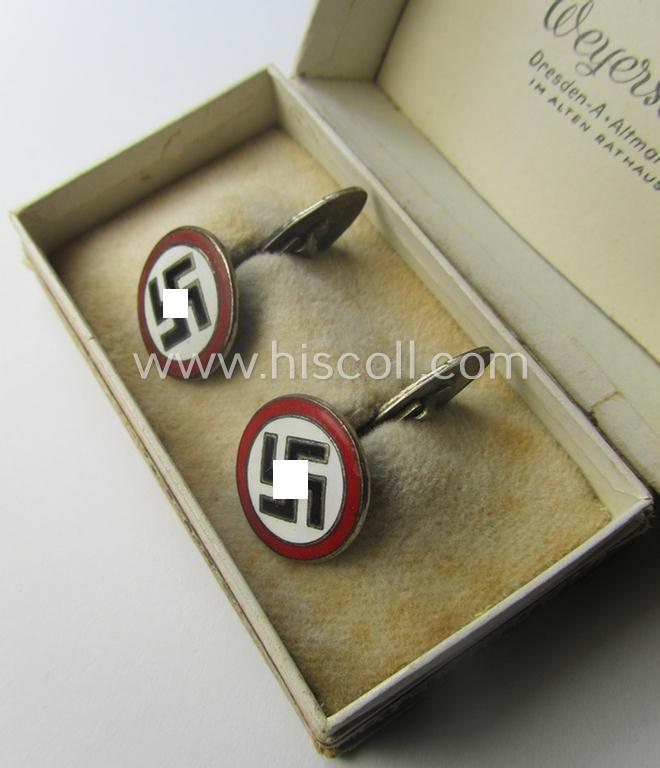 Unusually found - and actually rarely seen! - pair of neatly enamelled so-called: 'Machetenknöpfe' (ie. cuff-links) being attractive examples (and that come stored in their period carton-based etui)