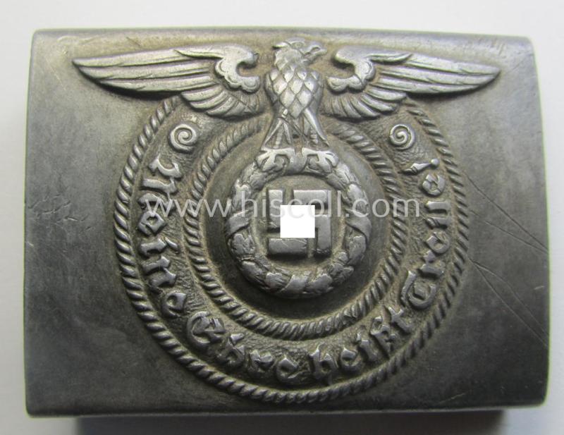 SS- (ie. Waffen-SS), aluminium-based, enlisted-mens'- (ie. NCO-type-) belt-buckle being a neatly maker- (ie. 'RzM - 36/40 - SS'-) marked example that comes in a moderately used- ie. worn, condition