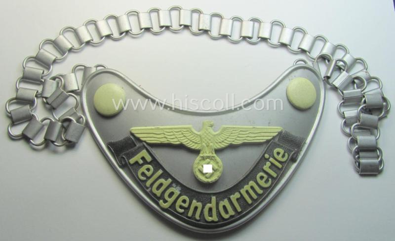 Superb - and 'virtually mint'! - example of a WH (Heeres) gorget (ie. 'Brustschild o. Ringkragen') entitled: 'Feldgendarmerie' being a non-maker-marked example that comes mounted onto its period-attached chain (ie. 'Kette')