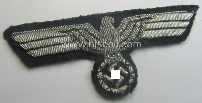 WH (Heeres) officers'-type, hand-embroidered breast-eagle (ie. 'Brustadler für Offiziere') as was executed in bright-silverish-coloured braid as was intended for usage on the various officers'-pattern tunics