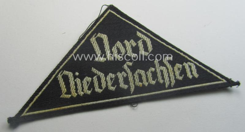 'HJ' ('Hitlerjugend') ie. 'BDM' ('Bund Deutscher Mädel') district-triangle (ie. 'Gebietsdreieck') entitled: 'Nord Niedersachsen' (being a clearly used example that is void of an 'RzM'-etiket)