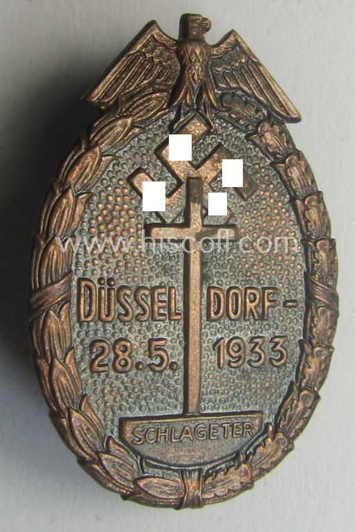 N.S.D.A.P.-related 'tinnie' being a maker- (ie. 'Paulmann & Crone'-) marked example showing the text: 'Düsseldorf - 28.5.1933 - Schlageter'