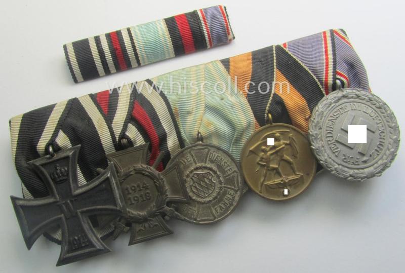 5-pieced, WWI- (ie. TR-) period medal-bar (ie. 'Ordenspange') & accomp. 'Feld-/Bandspange' resp. depicting a WWI-period: 'EKII.Kl.', a: FKK 1914-18', a: 'Bayr. TD'-medal, a: Czech 'Anschluss'-medal and a: 'LS-Ez. der 2.Stf.'