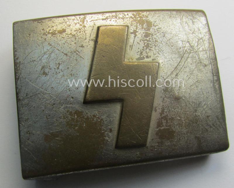 DJ (ie. 'Deutsches Jungvolk') silver-coloured- (ie. typical nickle-chromed) belt-buckle (ie. 'Koppelschloss') being a non-maker-marked example that comes in a just moderately used- ie. truly worn, condition