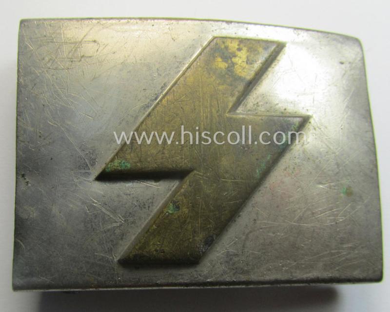 'Variant'-pattern, DJ (ie. 'Deutsches Jungvolk') silver-coloured- (ie. typical nickle-chromed) belt-buckle (ie. 'Koppelschloss') being a non-maker-marked example that comes in a just moderately used- ie. truly worn, condition