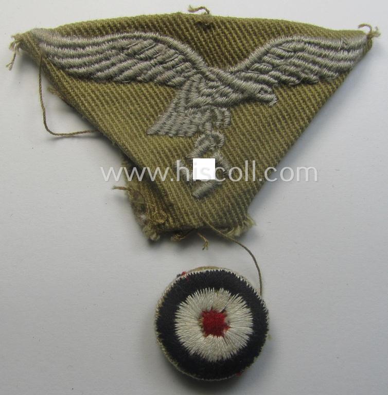 Moderately used and/or carefully cap-removed, WH (Luftwaffe) 'tropical-issued' cap-eagle and cocarde-set as was specifically intended for usage onto the tropical-styled LW side-caps (ie. 'Schiffchen')